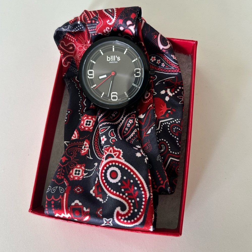 Bill's ADDICT Black and Red Watch w Paisley Band Accurate Analog 🇺🇸1776!  NWOT